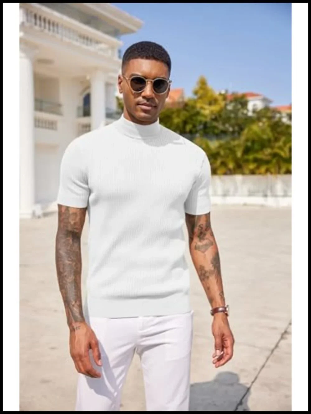 Men's Mock Turtleneck Short Sleeve Knit Pullover Sweater Ribbed Hem Casual
